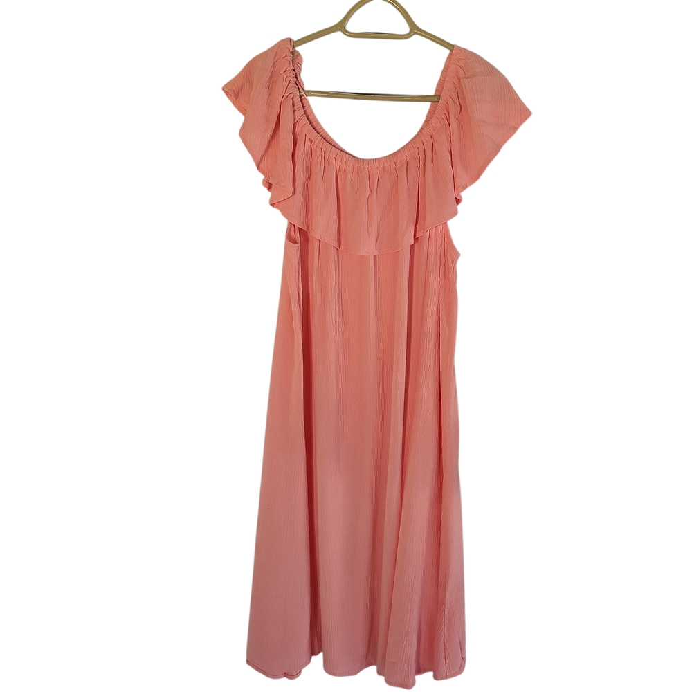 52seven Pink Ruffle Off-Shoulder Rayon Gauze Shift Dress Plus Size 1X